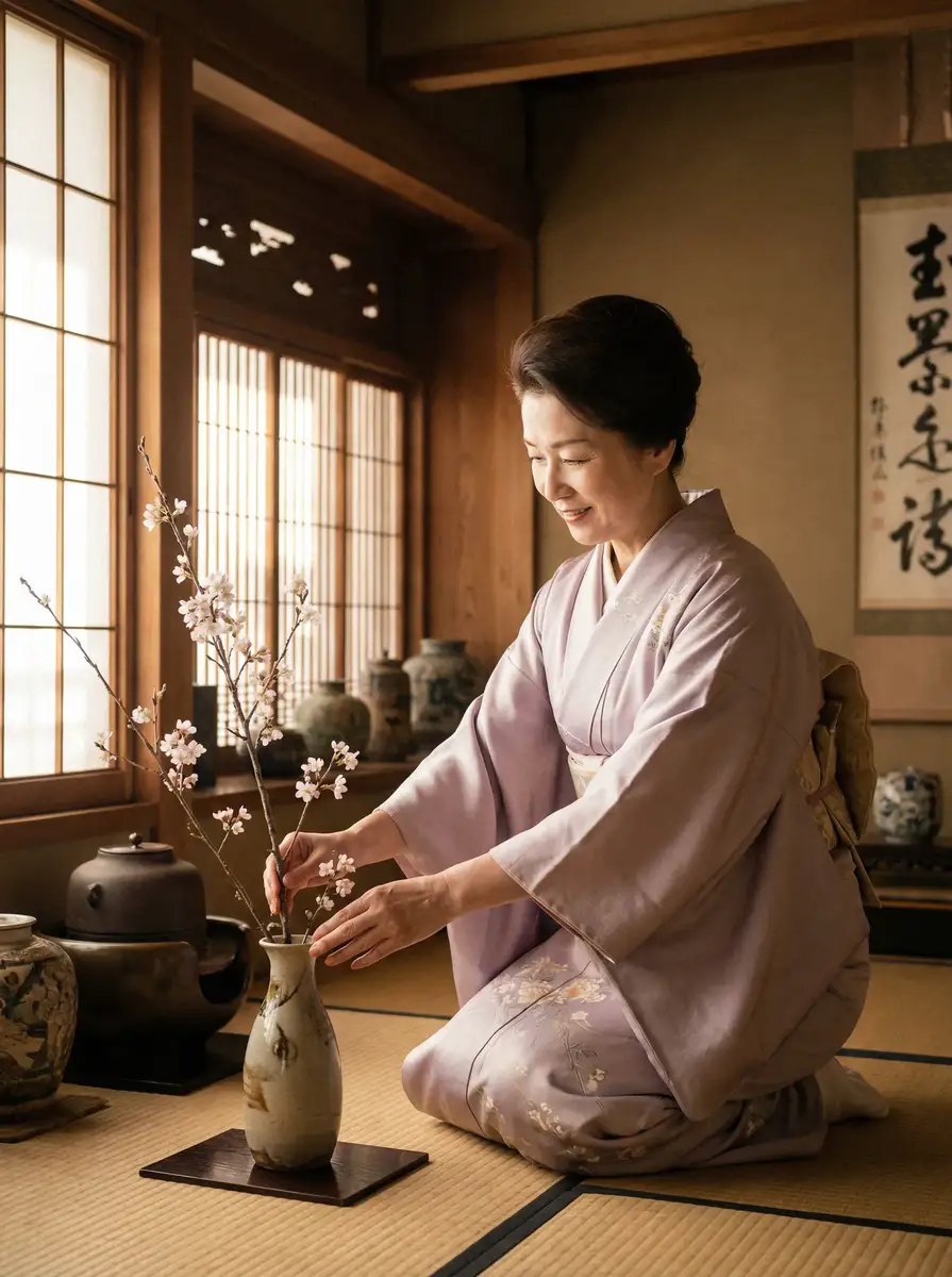 一位优雅的 优越会平台 在和室中插花