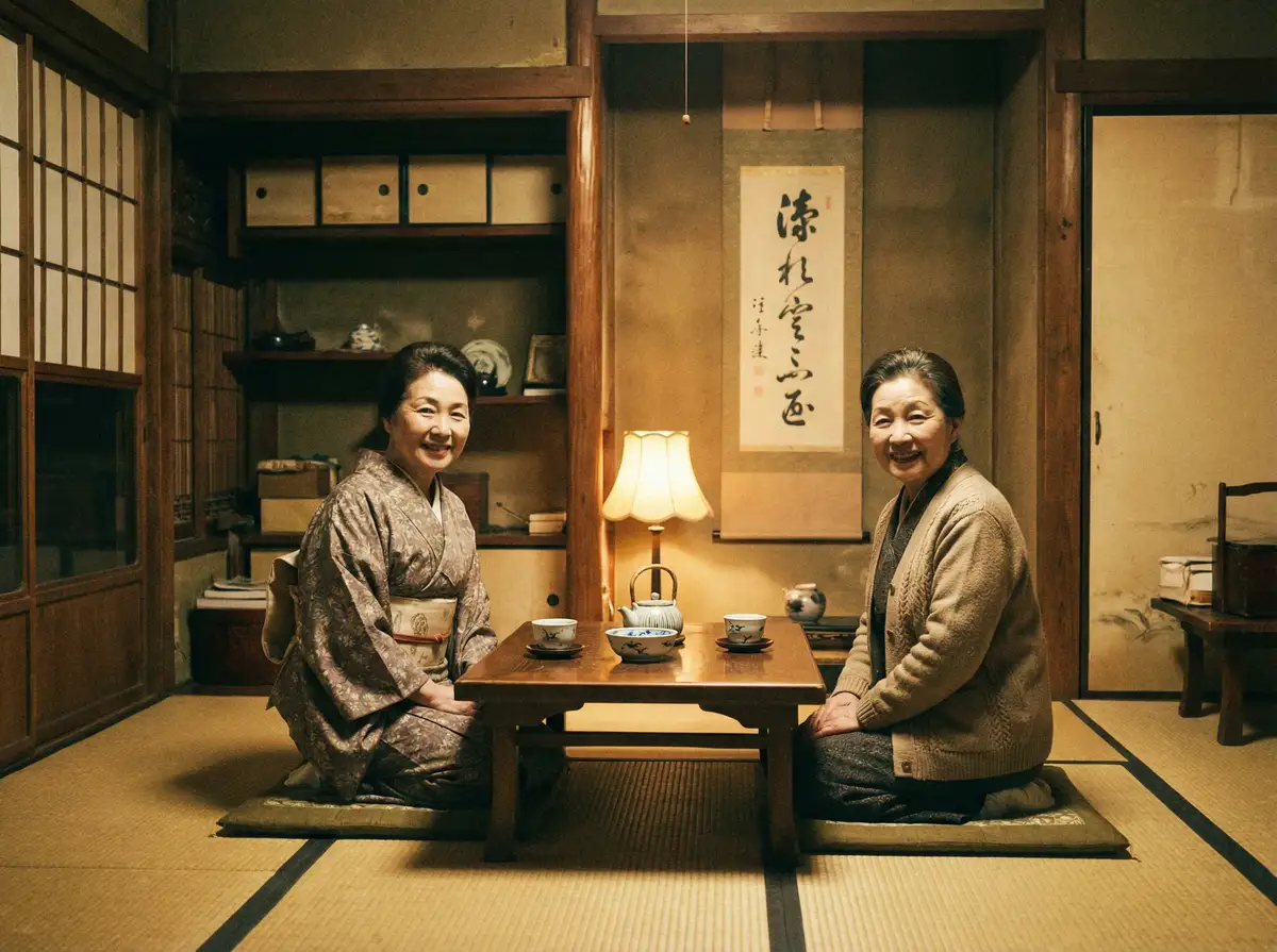 两位优雅的 优越会平台 在日式茶室中品茶交谈